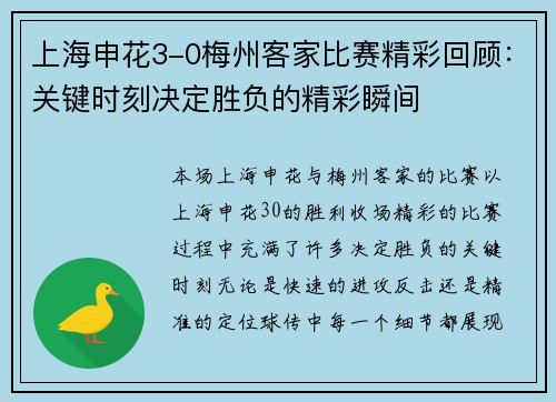 上海申花3-0梅州客家比赛精彩回顾：关键时刻决定胜负的精彩瞬间