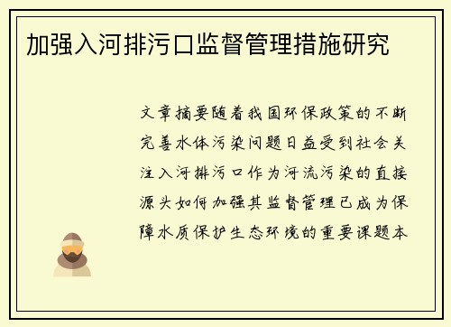 加强入河排污口监督管理措施研究