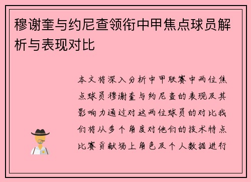 穆谢奎与约尼查领衔中甲焦点球员解析与表现对比